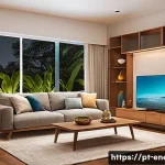 Home 19 에너지 절약 기술의 현장 적용 - A modern Brazilian living room illuminated by warm LED lighting (2700K to 3000K), showcasing cozy fu...
