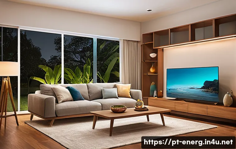 에너지 절약 기술의 현장 적용 - A modern Brazilian living room illuminated by warm LED lighting (2700K to 3000K), showcasing cozy fu...