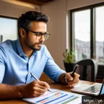 Home 22 에너지관리 자격증 시험일정 정보 - A professional Brazilian energy manager studying at a modern home office, surrounded by energy effic...